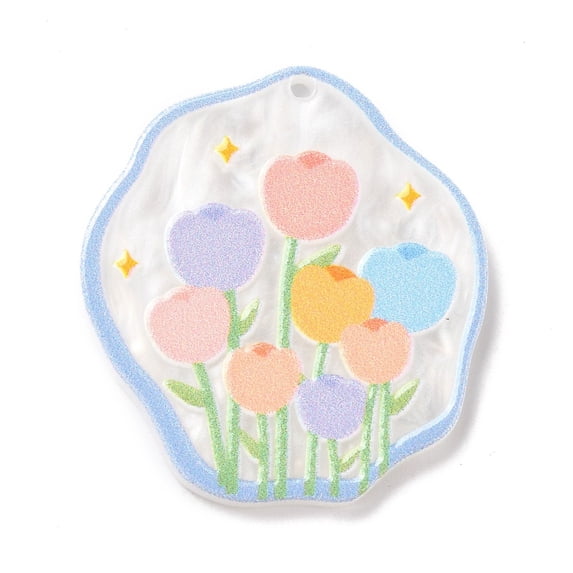 Embossed Printed Acrylic Pendants Spring & Summer Theme with Flower Pattern Colorful 34.5x31.5x2.5mm Hole: 1.6mm