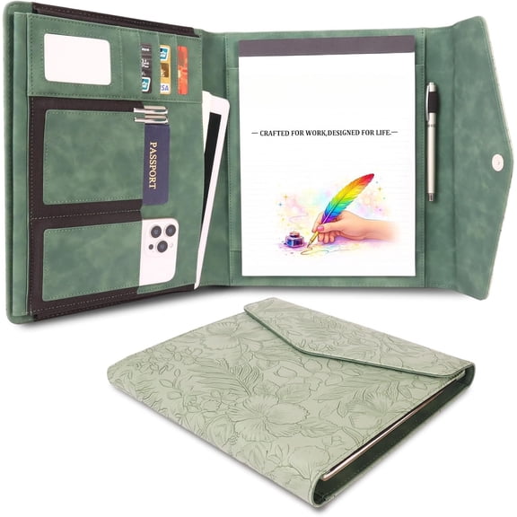 Embossed Professional Trifold Padfolio with Closure - A4 Letter Portfolio Organizer for Business Meetings, Interviews & Presentations, Document Folder with Notepad Holder (Green)