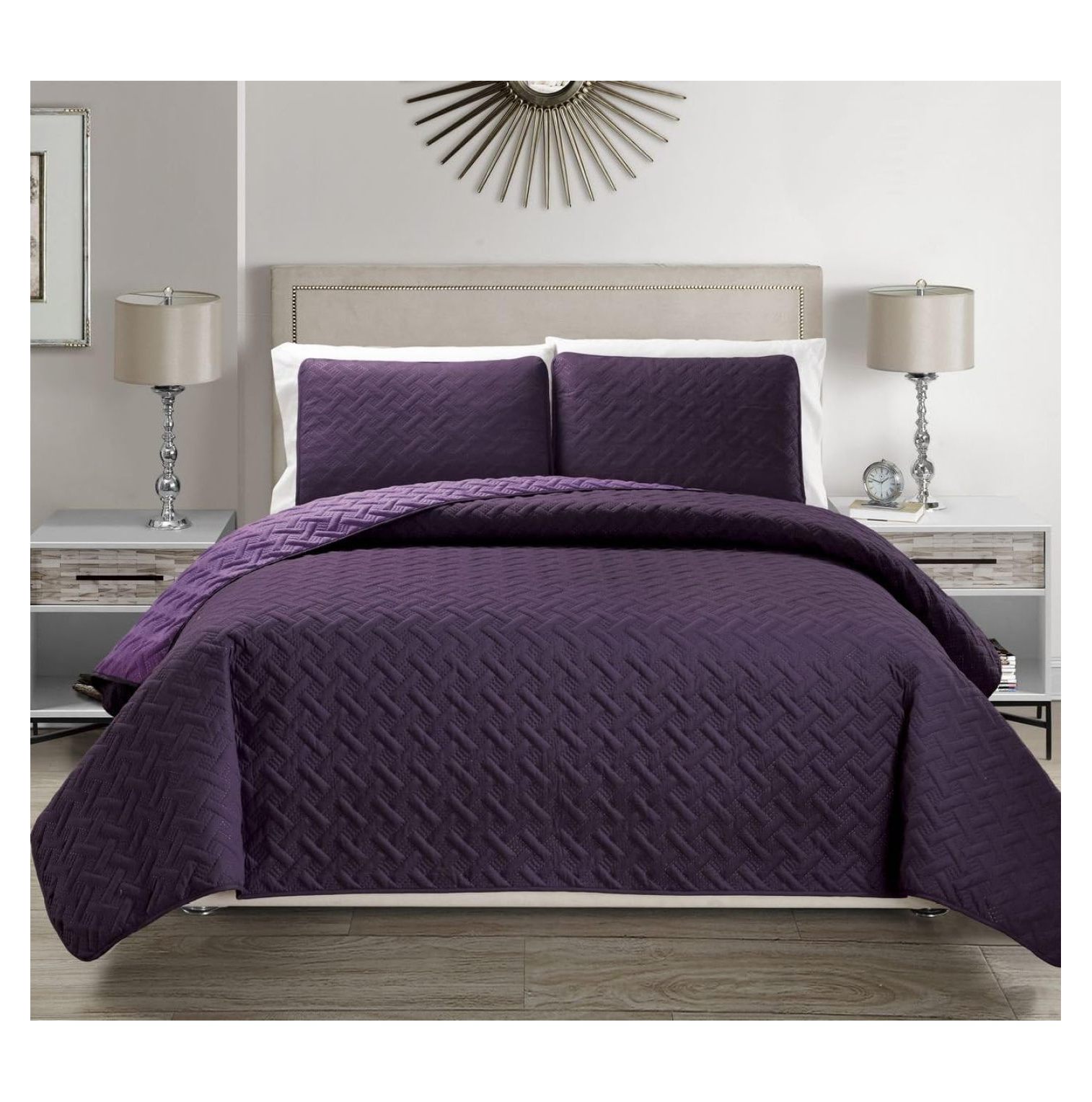 Embossed Purple Reversible Bedspread/Quilt Set King