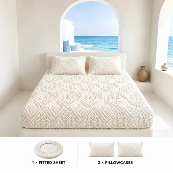Embossed Quilted Fitted Sheet Set, Padded Mattress Cover with 1 or 2 Pillowcases