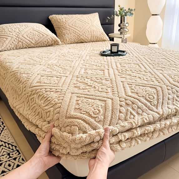 Embossed Quilted Fitted Sheet, Soft Boho Solid Color Bedding,No Pillowcases