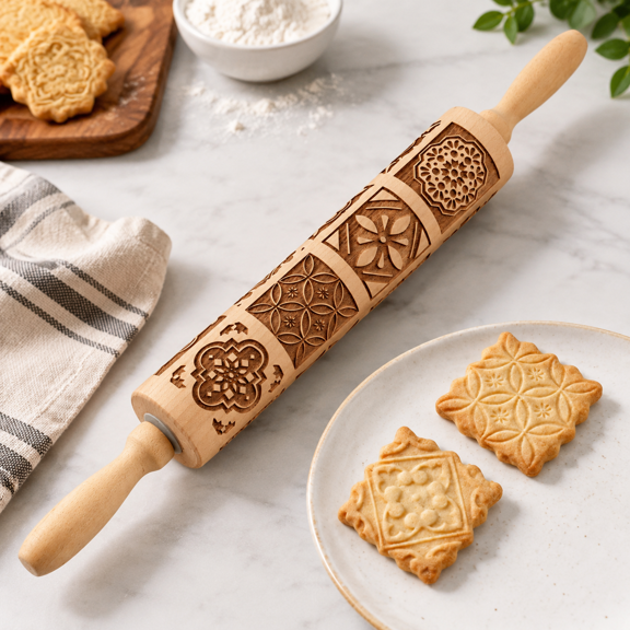 Embossed Rolling Pin For Cookies Engraved Wooden Baking Deep Pattern Cookie Rollermas Holiday Diy Kitchen Decor And Gift - Vintti