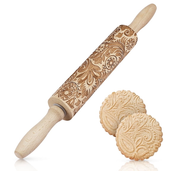 Embossed Rolling Pins With Patterns for Baking, 7.7-inch Engraved Wooden Rolling Pin with Snowflake Flower Pattern Rolling Pin for Baking Pastry Pizza Dough Fondant Cookie Pie Crust Pasta Bakery