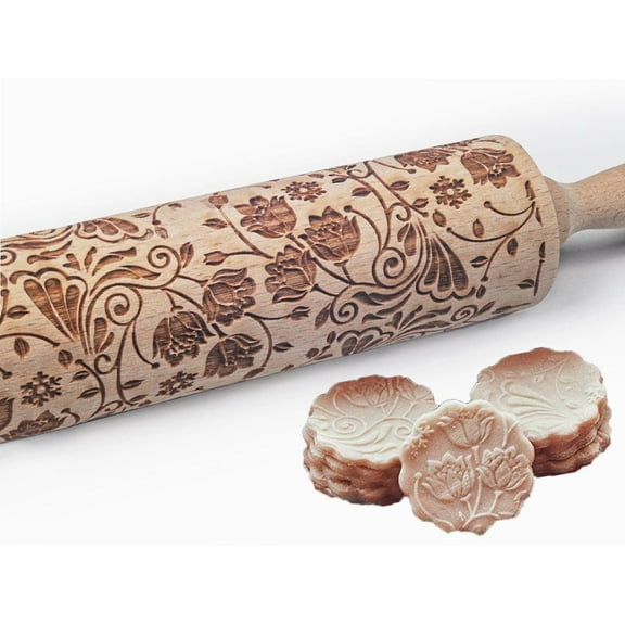 Embossed Rolling Pins for Baking, Small Wooden Roller Pin with Textured Pattern, Best Gift for Wedding, Holiday, Mother, Friends (Lotus)