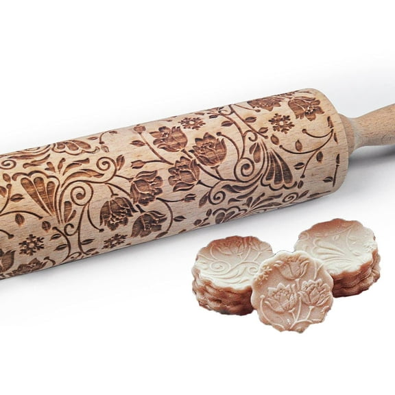 Embossed Rolling Pins for Baking, Small Wooden Roller Pin with Textured Pattern, Best Gift for Wedding, Holiday, Mother, Friends (Lotus)