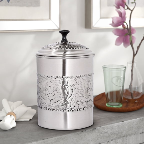 Embossed Stainless Steel Canister with Rubber Seal Lid | Antique Pewter Finish | Beautiful Food Storage Container for Kitchen Counter, Tea, Sugar, Coffee, Caddy, Flour Canister | 4 QT
