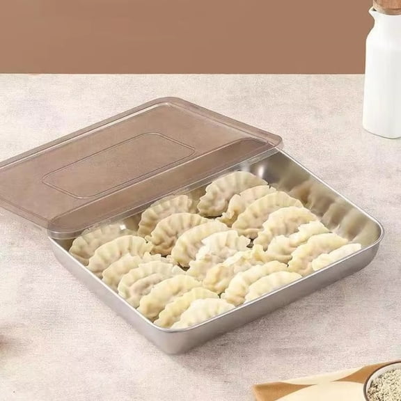 Embossed Stainless Steel Dumpling Tray With Lid, Multi-Purpose Serving Plate for Tiramisu Cold Dish, 10.04x7.87x2.17 Inch Food Storage Container