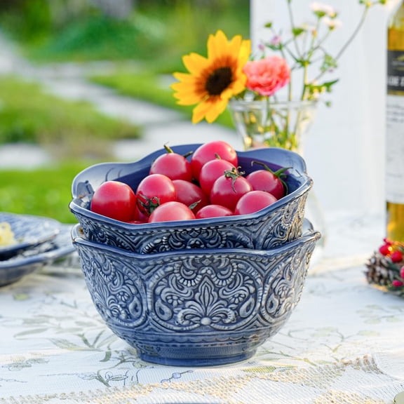 Embossed Stoneware Fine Dining Dinnerware, Antique Baroque Style Porcelain 6 Inch (20 oz) Flower Shape Bowls Set of 4