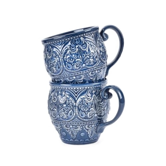 Embossed Stoneware Fine Dining Dinnerware Antique Baroque Style Porcelain Coffee Mugs Set of 2 18oz Large Water Cups with Handles Sophisticated Rustic Ceramic Mugs for Tea Milk or Beer