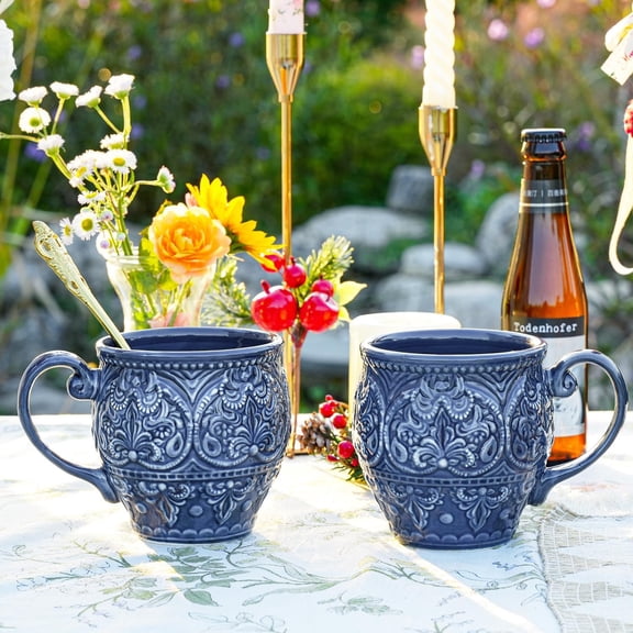 Embossed Stoneware Fine Dining Dinnerware, Antique Baroque Style Porcelain Coffee Mugs Set of 2, 18oz Large Water Cups with Handles, Sophisticated Rustic Ceramic Mugs for Tea, Milk or Beer