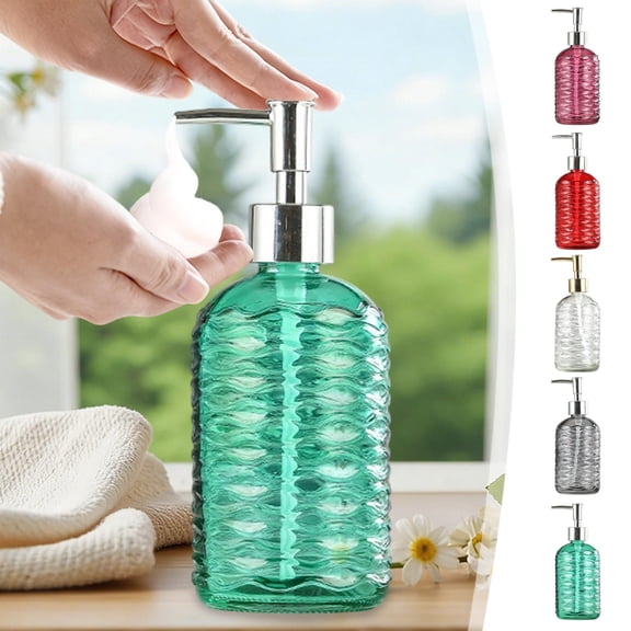 Embossed Textured Glass Soap Dispenser Refillable Liquid Hand Soap Pump Bottle for Bathroom Shower Gel Shampoo Lotion Kitchen Sink Vanity Decor Premium Bath Accessory Large Capacity, 450ml, E
