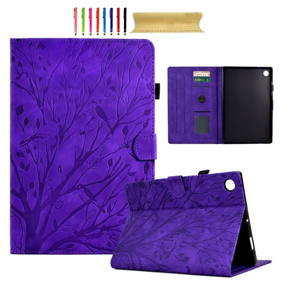 Embossed Tree PU Leather Flip Case for Samsung Galaxy Tab A9 8.7" 2023 SM-X110 / SM-X115 Shockproof Protection Card Slots Holder Stand with Pen Slot & Auto Sleep/Wake Case Cover, Purple