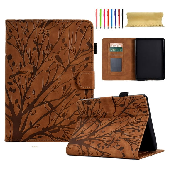 Embossed Tree PU Leather Flip Tablet Case for Amazon Kindle 11th Generation (2022 Release) Shockproof Protection Card Slots Holder Stand with Pen Slot & Auto Sleep/Wake Case Cover, Brown