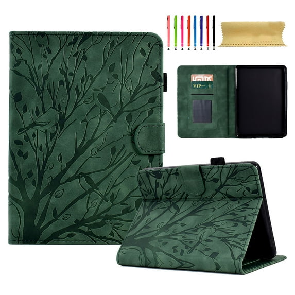 Embossed Tree PU Leather Flip Tablet Case for Amazon Kindle 11th Generation (2022 Release) Shockproof Protection Card Slots Holder Stand with Pen Slot & Auto Sleep/Wake Case Cover, Green
