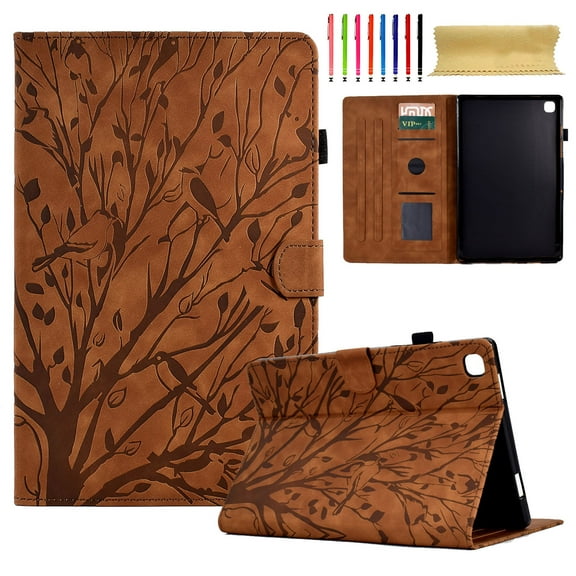 Embossed Tree PU Leather Flip Tablet Case for Samsung Galaxy Tab A 10.1 (2019) SM-T515/SM-T510 Shockproof Protection Card Slots Holder Stand with Pen Slot Case Cover, Brown