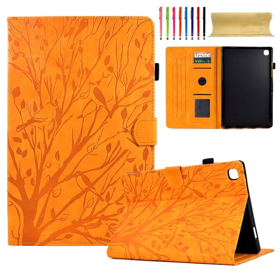 Embossed Tree PU Leather Flip Tablet Case for Samsung Galaxy Tab A 10.1 (2019) SM-T515/SM-T510 Shockproof Protection Card Slots Holder Stand with Pen Slot Case Cover, Khaki