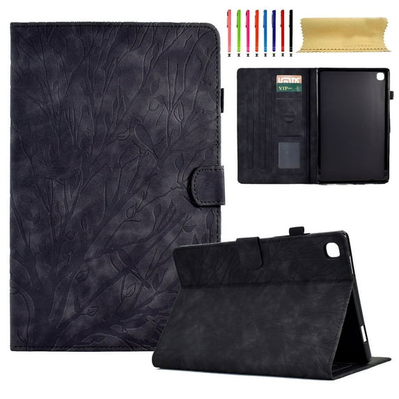 Embossed Tree PU Leather Flip Tablet Case for Samsung Galaxy Tab A 10.1 (2019) SM-T515/SM-T510 Shockproof Protection Card Slots Holder Stand with Pen Slot Case Cover, Black