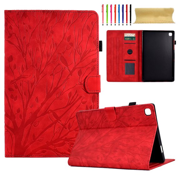 Embossed Tree PU Leather Flip Tablet Case for Samsung Galaxy Tab A 10.1 (2019) SM-T515/SM-T510 Shockproof Protection Card Slots Holder Stand with Pen Slot Case Cover, Red