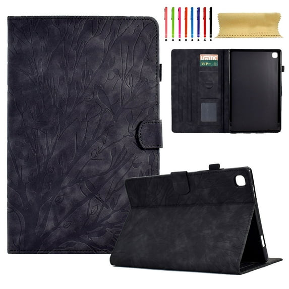 Embossed Tree PU Leather Flip Tablet Case for Samsung Galaxy Tab A7 10.4" 2020 T500/T505 Shockproof Protection Card Slots Holder Stand with Pen Slot & Auto Sleep/Wake Case Cover, Black