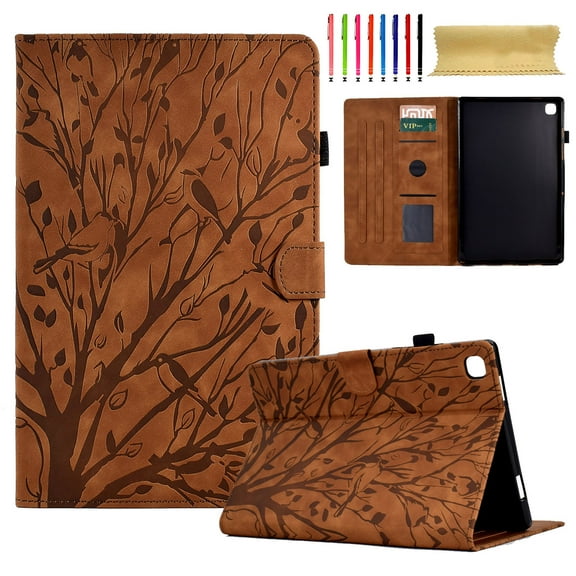 Embossed Tree PU Leather Flip Tablet Case for Samsung Galaxy Tab A7 Lite 8.7" T220/T225 Shockproof Protection Card Slots Holder Stand with Pen Slot Folio Case Cover, Brown