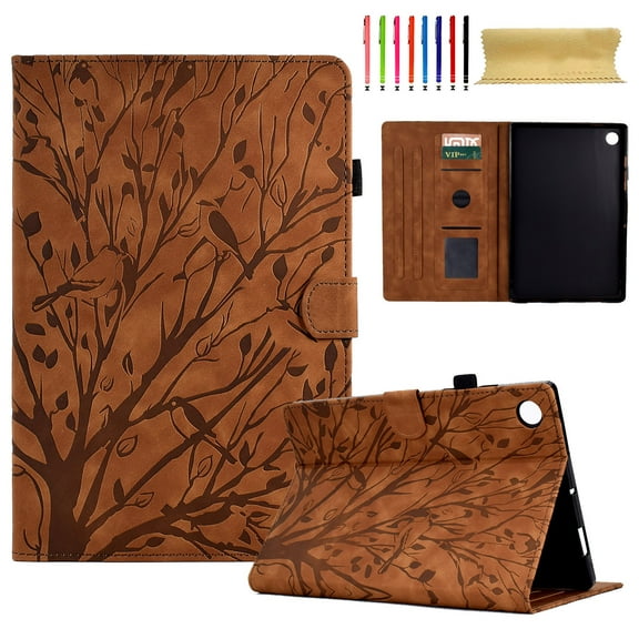 Embossed Tree PU Leather Flip Tablet Case for Samsung Galaxy Tab A8 10.5 2022 SM-X200/SM-X205 Shockproof Protection Card Slots Holder Stand with Pen Slot & Auto Sleep/Wake Case Cover, Brown