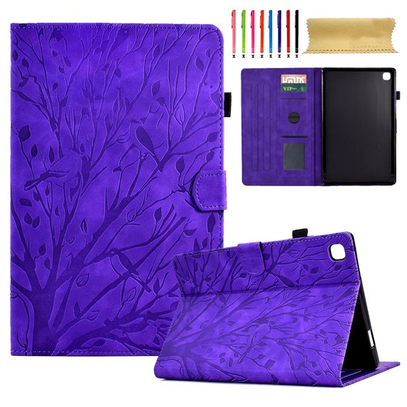 Embossed Tree PU Leather Flip Tablet Case for Samsung Galaxy Tab S6 Lite 10.4" 2020 P610/P615 Shockproof Protection Card Slots Holder Stand with Pen Slot & Auto Sleep/Wake Case Cover, Purple