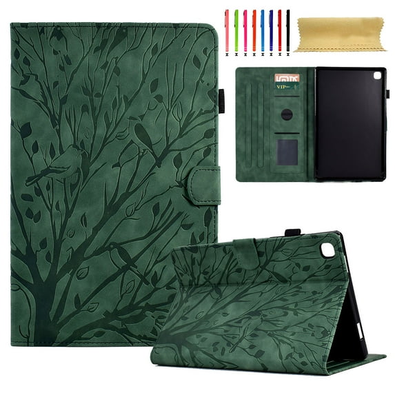 Embossed Tree PU Leather Flip Tablet Case for Samsung Galaxy Tab S6 Lite 10.4" 2020 P610/P615 Shockproof Protection Card Slots Holder Stand with Pen Slot & Auto Sleep/Wake Case Cover, Green