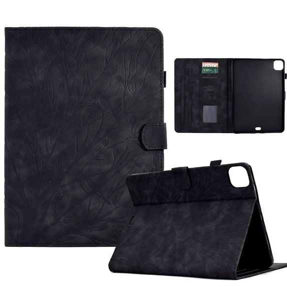 Embossed Tree PU Leather Flip Tablet Case for iPad Pro 11 Inch 5th Generation 2024 Shockproof Protection Card Slots Holder Stand with Pen Slot & Auto Sleep/Wake Smart Case Cover, Black