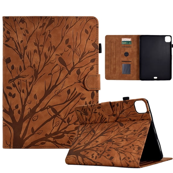Embossed Tree PU Leather Flip Tablet Case for iPad Pro 11 Inch 5th Generation 2024 Shockproof Protection Card Slots Holder Stand with Pen Slot & Auto Sleep/Wake Smart Case Cover, Brown