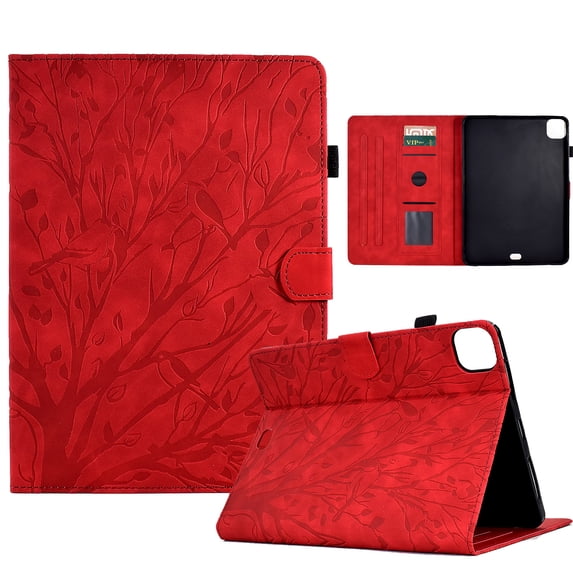 Embossed Tree PU Leather Flip Tablet Case for iPad Pro 11 Inch 5th Generation 2024 Shockproof Protection Card Slots Holder Stand with Pen Slot & Auto Sleep/Wake Smart Case Cover, Red