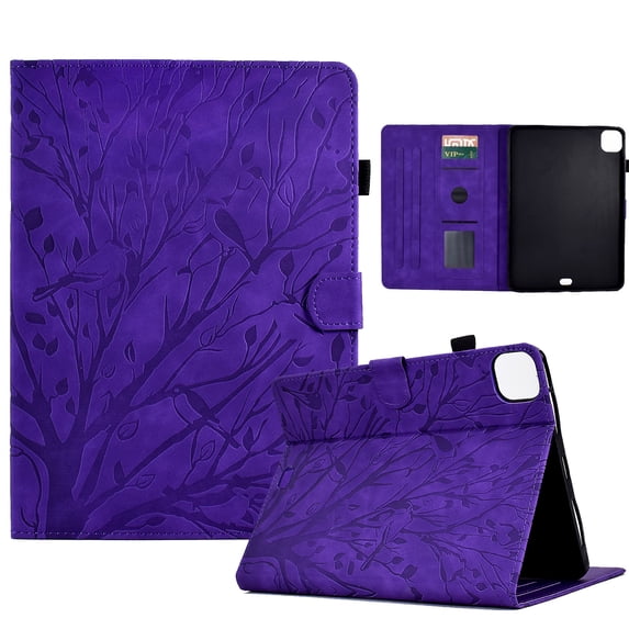 Embossed Tree PU Leather Flip Tablet Case for iPad Pro 11 Inch 5th Generation 2024 Shockproof Protection Card Slots Holder Stand with Pen Slot & Auto Sleep/Wake Smart Case Cover, Purple