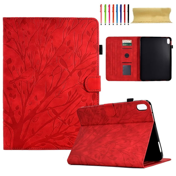 Embossed Tree PU Leather Flip Tablet Case for iPad mini 6th Gen 8.3" 2021 Shockproof Protection Card Slots Holder Stand with Pen Slot & Auto Sleep/Wake Smart Case Cover, Red