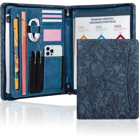 Embossed Vegan Leather Portfolio for Women,Professional Organize Padfolio with A4 Notepad Holder,Professional Business Document Organizer for Women (Blue)