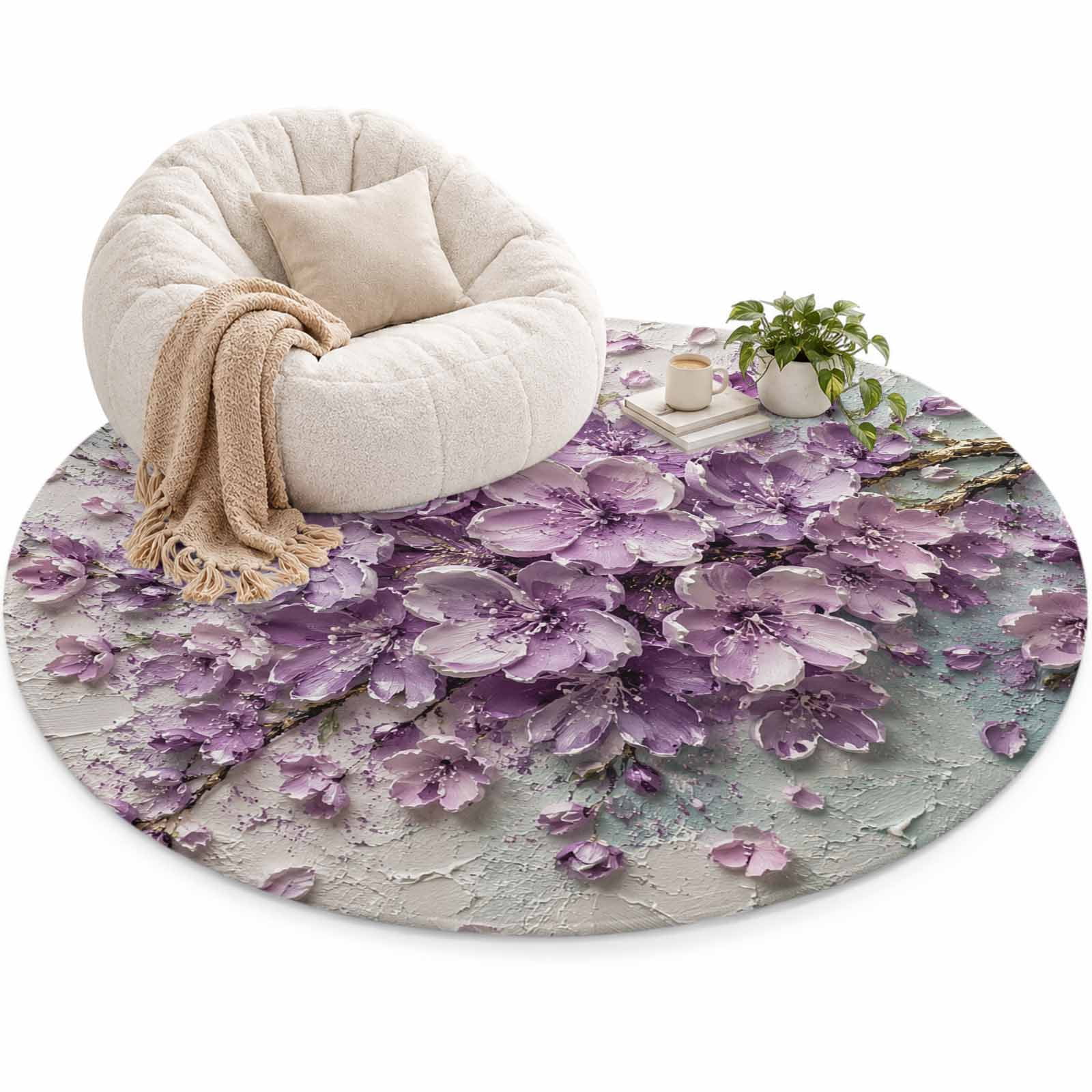 Embossed Violet Floral Area Rug 6', Rustic Vintage Plaster Relief ...