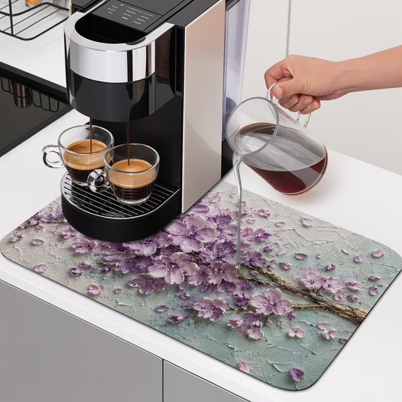 Embossed Violet Floral Dish Drying Mats for Kitchen Counter, Rustic Vintage Plaster Relief Textured Absorbent Coffee Bar Mat with Non-slip Rubber Backed Quick Drying Dish Rack Pad 12"x16"
