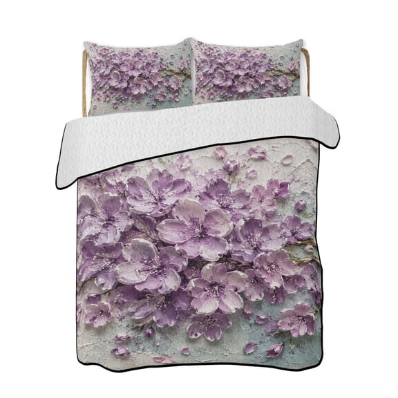 Embossed Violet Floral Quilts Bedding Set California King Rustic Vintage Plaster Relief Textured Lightweight Quilted Bedspread 3 Piece Bed Quilt with 2 Pillow Shams All Season for Bedroom 96" x 106"