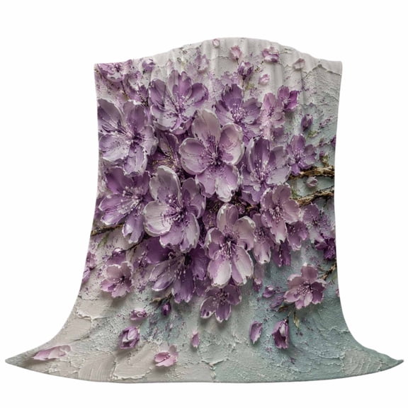 Embossed Violet Floral Throw Flannel Blanket Rustic Vintage Plaster Relief Textured Super Soft Cozy Bed Blanket, Lightweight Plush Fuzzy Bed Throw for Bedroom Sofa Couch Living Room 30x40in