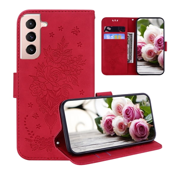 Embossed Wallet Case For Samsung Galaxy S21 FE , Retro PU Leather Butterfly Rose Pattern Card Slots Cash Pocket Flip Stand Magnetic Closure Protective Cover For Samsung Galaxy S21 FE,Red
