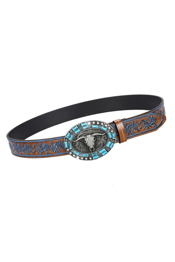 Embossed Western Belt With Bull Head Pattern Adjustable Waist Strap For Men Jeans