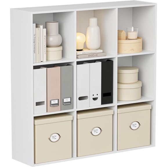 Embossed White 9-Cube Wooden Storage Organizer with Closed Back, Bookshelf Display Shelf