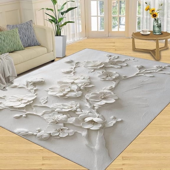 Embossed White Flower Rugs for Bedroom, Magnolia Flower Area Rug, Floral Print Rugs for Living Room, Indoor Non-Slip Rug, Machine Washable Carpet for Front Entrance Floor Decor 3 x 5ft