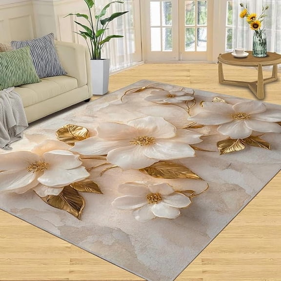 Embossed White Flowers Rugs for Bedroom, Marble Flowers Area Rug, Gold Leaf Rugs for Living Room, Indoor Non-Slip Rug, Machine Washable Carpet for Front Entrance Floor Decor 4 x 6ft
