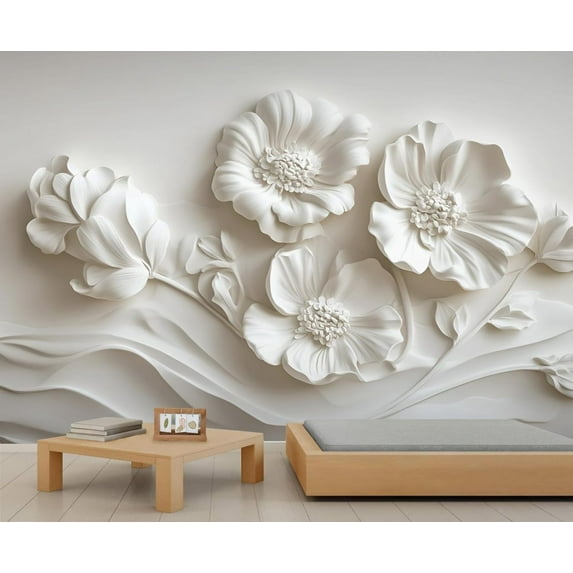 Embossed White Flowers Wall Mural, Relief Blooming Flowers Wallpaper, Nordic Modern Luxury Art Large Poster Wall Sticker For Bedroom Living Room Office 59"W x 39.4"H (Not Peel and Stick)