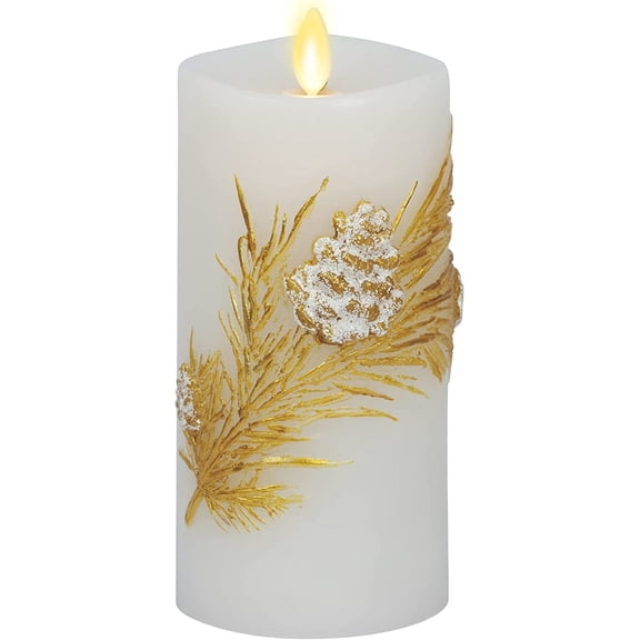 Embossed White Pinecone Flameless LED Candle Pillar (3" x 6.5") - with Recessed Edge Unscented Real Wax LED Battery Operated Candle Lights