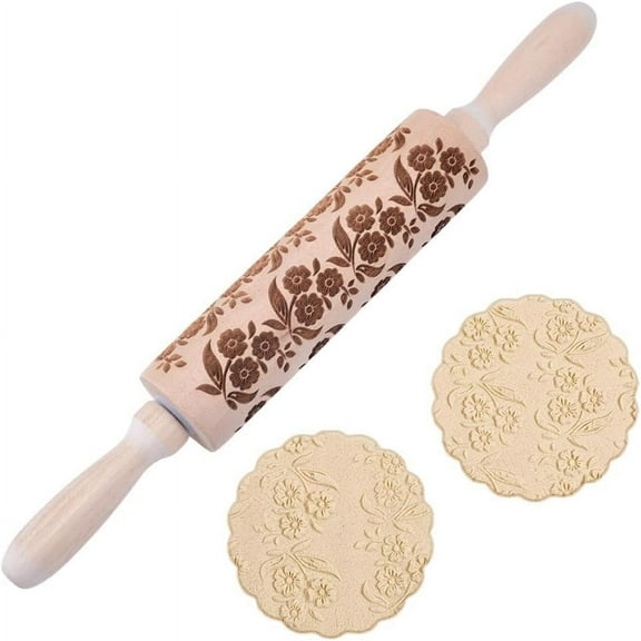 Embossed Wooden Rolling Pin Flower Leaves Print 35cm Rolling Pin