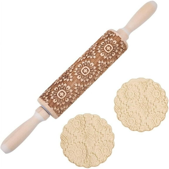 Embossed Wooden Rolling Pin Flower Print 35cm Rolling Pin for DIY Baking Biscuits 3D Pattern DIY Kitchen Tool Baking Accessories Homemade Bakery Pastry Cookie Fondant Dough Pizza