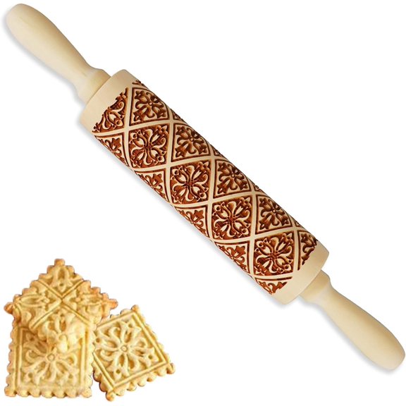 Embossed Wooden Rolling Pins for Baking,15 Inch Christmas Wooden Rolling Pin,Deep Engraved Embossing Rolling Pin for Dough Cookies Pastry Baking Kitchen DIY Tool (Window Flower)
