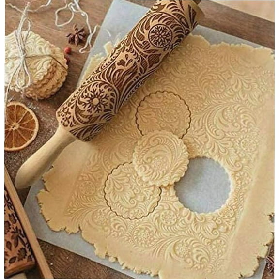 Embossing Rolling Pin for Christmas,3D Flower Pattern Wooden Roll Pin Laser Engraved Rolling Pin DIY Tool,Rolling Pin for Baking Cookies Biscuit Fondant Cake Dough Clay (13.8''x2'')