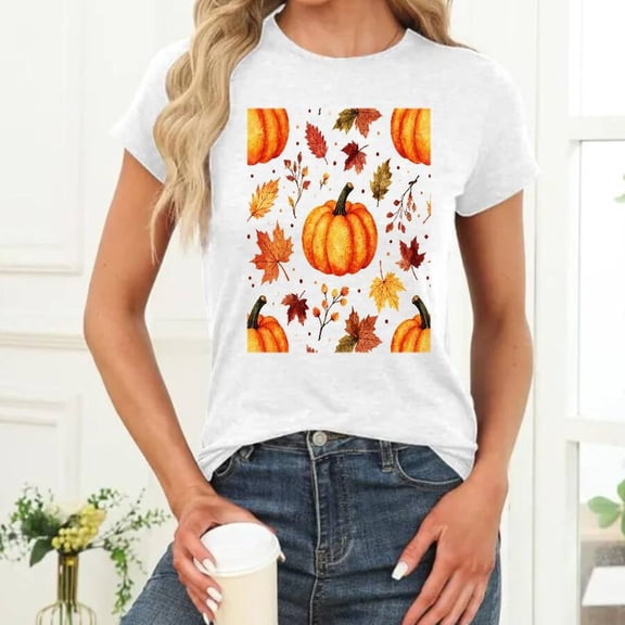 Embrace The Autumn Spirit: Vibrant Pumpkin Patch & Maple Leaves Print Casual Crew Neck Short Sleeve T-Shirt - Soft Cotton Blend Fabric, Super Comfortable & Breathable Fall Tee - Perfect For Halloween