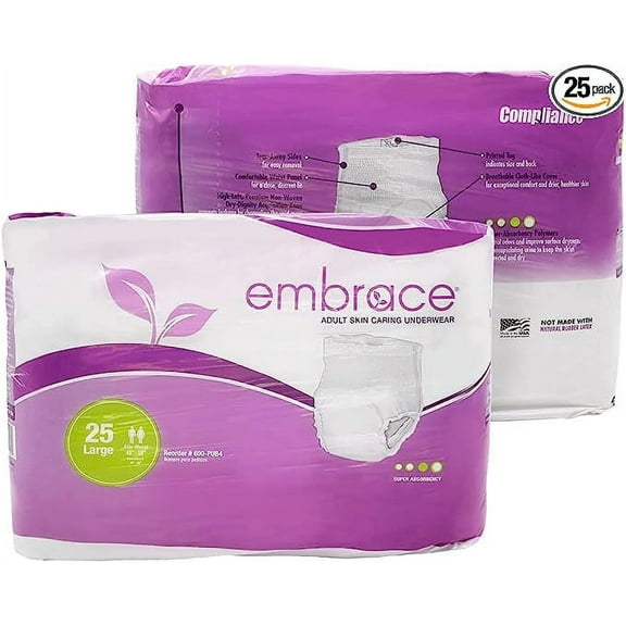 Embrace™ Premium Protection Incontinence Underwear, Maximum Absorbency and Protection, Breathable Cloth for Exceptional Comfort, Odor Protection, Discreet Fit, Large, Pack of 25